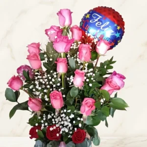 Caja Elegante de 18 Rosas Mixtas (Rosadas y Rojas) con Globo Conmemorativo VIP