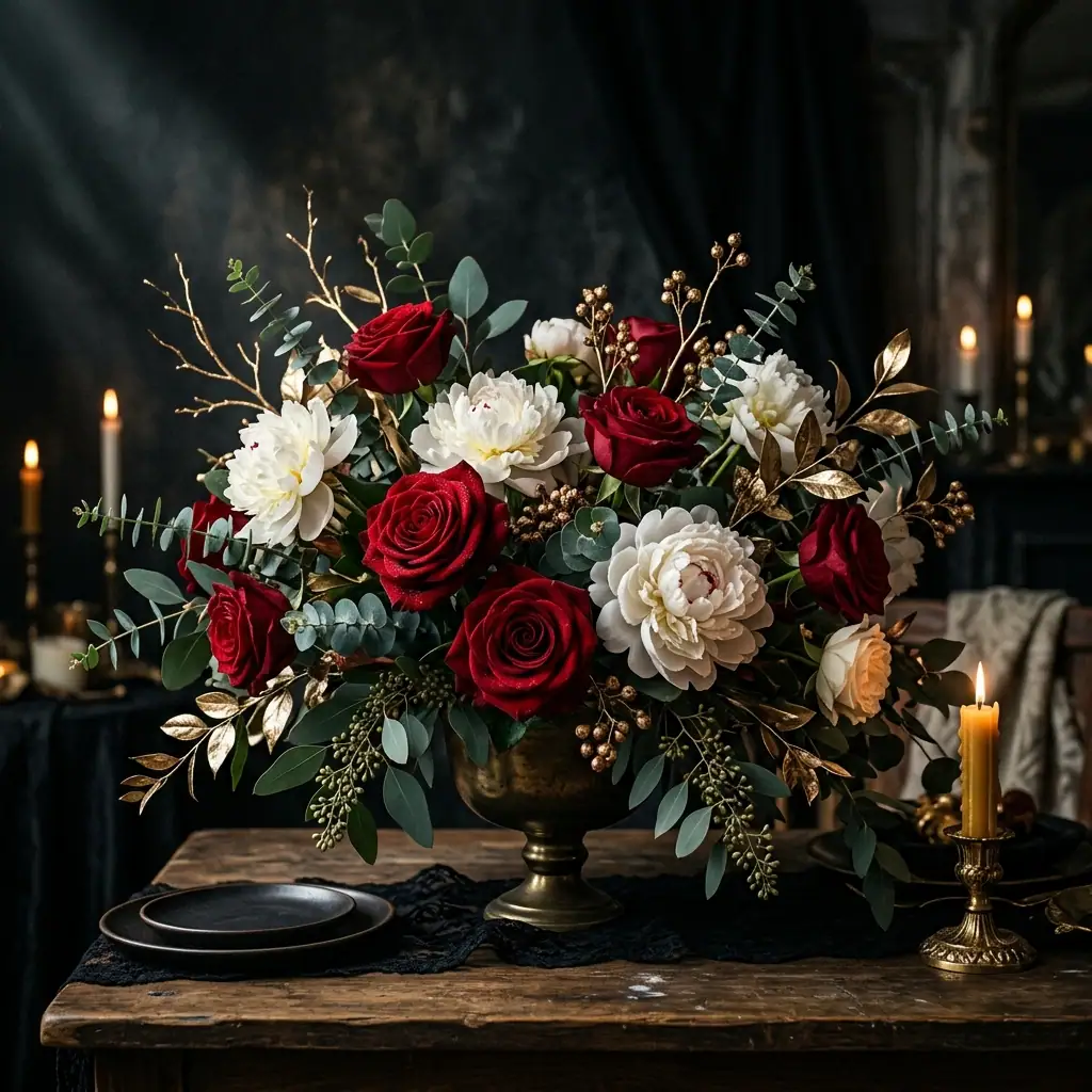 Arreglo floral de lujo con rosas rojas y peonías. Floristería premium en Bogotá.